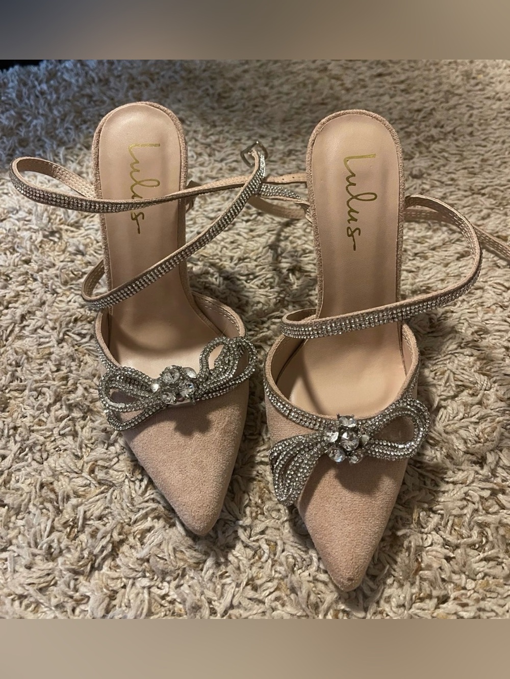 Lulu's Blush Crystal Bow Pointed Strap Heels